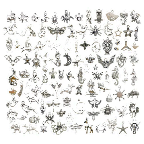 Youdiyla Animal Charms Collection, BULK 100 Mini Small Silver Charms Metal Pendant Craft Supplies Findings for Necklace and Bracelet Jewelry Making (HM289)