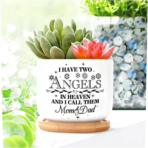 DecStic I Have Two Angels in Heaven and I Call Them Mom and Dad Ceramic Planters Quotes Saying Planters for Indoor Plants with Drainage Holes and Saucers Pot for Home Desktop Office Windowsill
