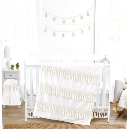 Sweet Jojo Designs Ivory Gender Neutral Bohemian Boho Baby Girl Boy Nursery Crib Bedding Set Solid Color Beige Cream Off White Chic Unisex Farmhouse Minimalist Macrame Trim Tassel Fringe Cotton - 4pc