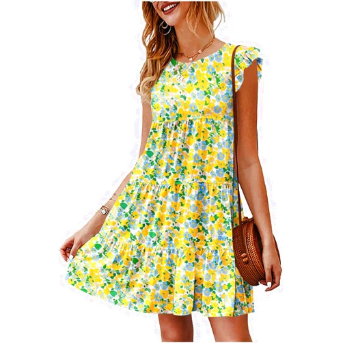 KIRUNDO Women's Summer Dresses Sleeveless Ruffle Sleeve Round Neck Solid Loose Short Flowy Pleated Mini Babydoll Dress