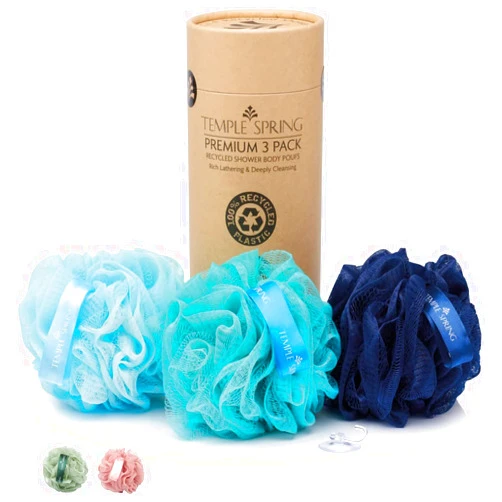 Temple Spring Shower Loofahs - 3 pack Natural Recycled Shower Poufs and Skin Scrubber Set for Men and Women - Exfoliating Body Bath Scrunchies Sponges for Bathroom & Shower