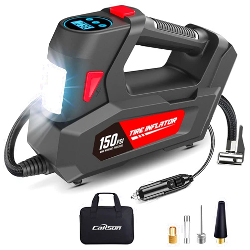 Carsun Air Compressor Tire Inflator Portable Air Pump DC 12V Auto Tire Pump with Digital Pressure Gauge,150PSI with Emergency LED Light for Car Tires, Motorcycle, Bicycle and Other Inflatables