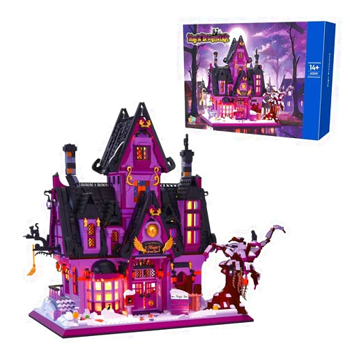 Kowkis Halloween Magic Broomstick Bar Castle Building Blocks with LED,MOC Micro Mini Building Sets for Adults, Collectible Architecture Decoration(2639 Pcs)