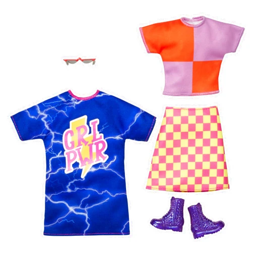 Barbie Fashions 2-Pack Clothing Set, 2 Outfits Doll Include Color-Blocked Shirt with Checkered Skirt, “GRL PWR” Dress & 2 Accessories