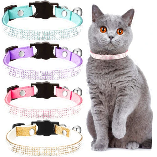 Weewooday 4 Pieces Rhinestones Cat Collars Breakaway Cat Collar with Bell Bling Pet Collars with Soft Velvet, 4 Colors (Purple, Blue, Gold, Pink,S)