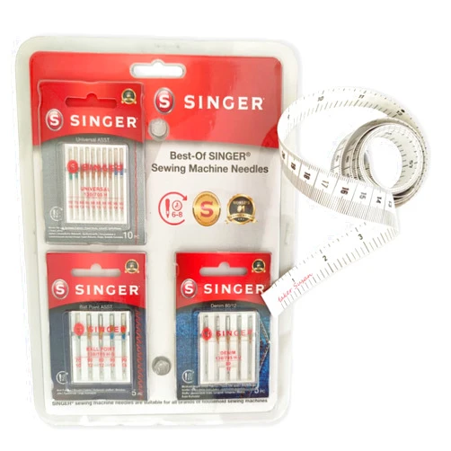Maker Susan Singer Best of Sewing Machine Needles Set, Universal, Ball Point and Denim Needles with Maker Susan Measure Tape for Body Fabric Sewing Tailor Cloth Knitting Vinyl Home Craft Measurements