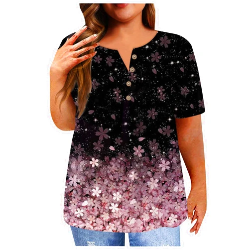 GOFULY Plus Size Tops for Women Summer Ethnic Floral Classy Oversized T Shirts Short Sleeve Blouses & Button-Down Shirts
