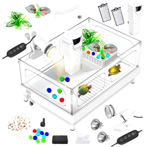 GOZILLA Small Turtle Tank Kit(Tank+Lamp+Filter), Acrylic Turtle Starter Kit with Adjustable Lamp, Reptile Habitat and Terrarium with Multi-Functional Areas for Small Reptiles. (White Kit)