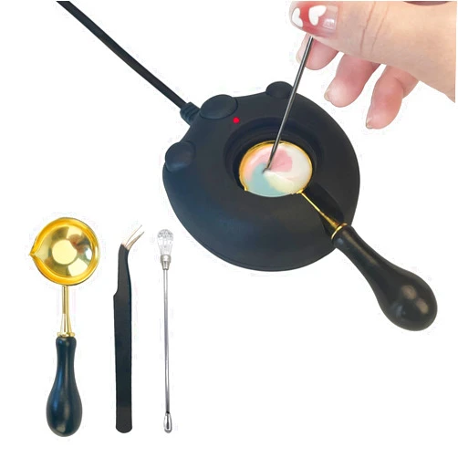 MINGYUESKY Black Electric Wax Seal Warmer Wax Seal Kit with Spoon, Tweezers and Stir Stick, Great Tool for Melting Wax Seal Sticks Sealing Wax Beads (01Black)