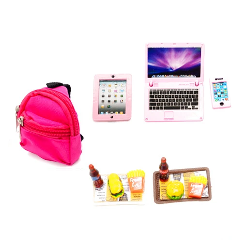Neakomuki Dollhouse Accessories Miniatures Backpack Laptop Phone Hamburger Fries Cola Fast Food Set for Mini Dollhouse Doll House