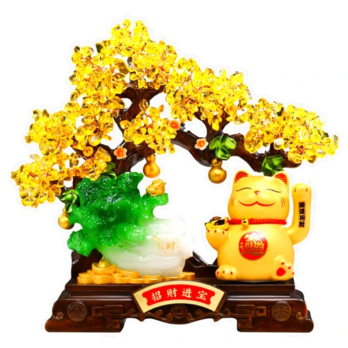 Aris & Juno 14.17 '' Feng Shui Money Tree Statue with Fortune Cat & Jade Cabbage, Lucky Wealth Decor for Bookshelf, Home Office & Business Opening Gift (M)