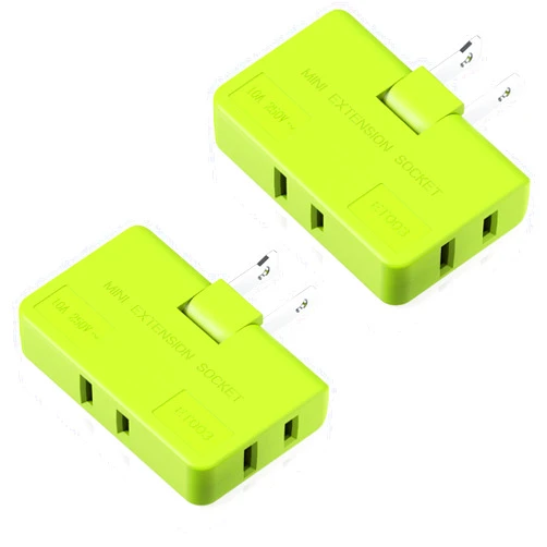 ETwinCoo 3 Way Flat Wall Plug Outlet Extender - 2 Prong Rotatable Socket Mini Plug Adapter(Quick & Space Saving) Perfect for Home, School, Office, Travel, Type A, Green (2 Pack)