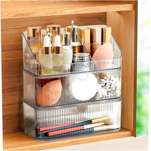 MEAJIO Medicine Cabinet Organizer 3 Tier, Stackable Bathroom Mirror Cabinet Storage，Small Makeup Organizers with 2 Drawer and 1 Tray for Wall Cabinet， Closet， Vanity, Countertop, Clear