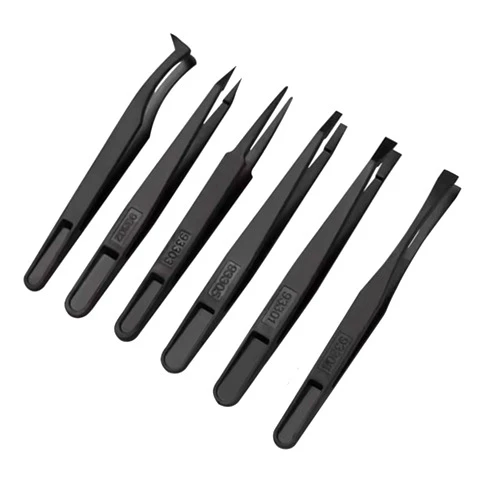 Bnafes 6Pcs Plastic Anti-static Tweezers, Precision Slant Curved Flat Tip Tweezers for Jewelry Craft DIY Beauty Electronics Repair Tool Black