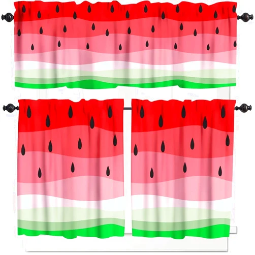 FengMingRui Watermelon Fruit Valance Curtain Red Watermelon Green Fruits Summer Cool Windows Curtain Valance for Kitchen Dining Room Canteens Home Decor 54''x18''+27''x24''x2（3 Piece）
