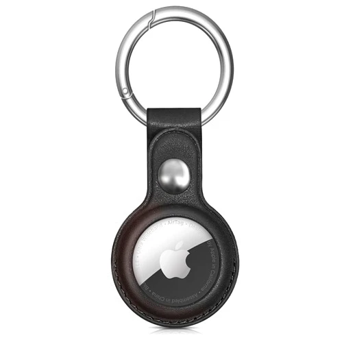 Woyinger Leather AirTag Keychain Holder - Protective Case and Key Ring for Apple AirTags - Black
