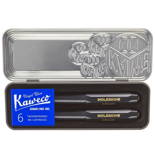 Moleskine x Kaweco, Fountain Pen and Ballpen Set, Medium Nib/1.0mm Point, Black with Blue Ink