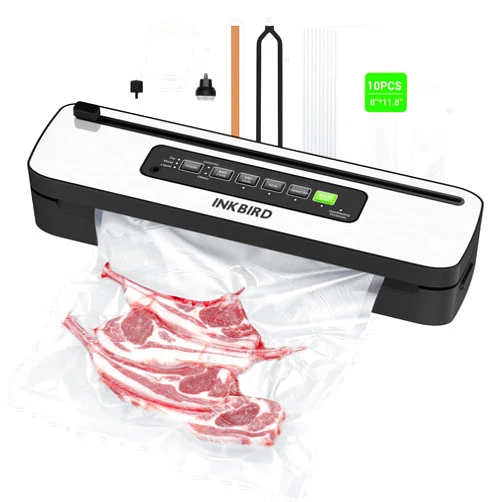 Inkbird Vacuum Sealer Machine, INKBIRD Powerful 130W High Power with Liquid/Moist/Dry 6-Food Modes, Compact Food Preservation System with Cutter, Full Start Kit with Pre-cut Bags*10 (8''*11.8''), EXT-VAC