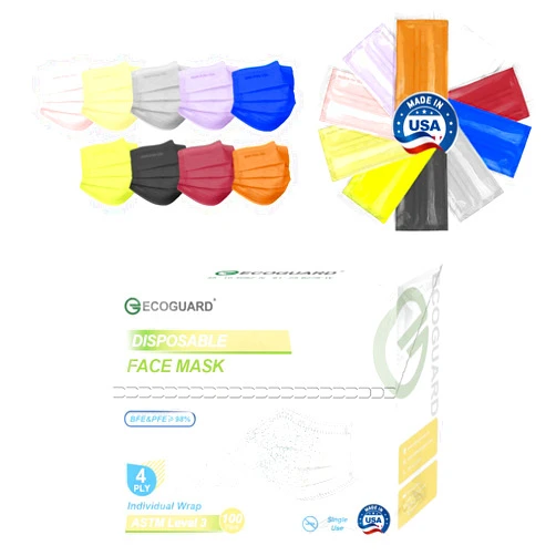 EG ECOGUARD Disposable Face Masks Made in USA, 4 Ply for Families, Students, Breathable All-Day Wear & Safety, FSA HSA Eligible, ASTM Level 3 Medical Grade, 100 Pack Individual Wrap, Midnight Pastel
