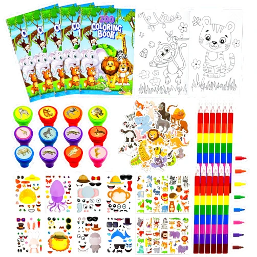 Cinrobiye 144 Pcs Jungle Safari Party Favors, Zoo World Coloring Books Stacking Crayons Wild Animals Tattoo DIY Sticker Stampers Classroom Rewards Gift Prizes Goodie Bag Fillers Supplies