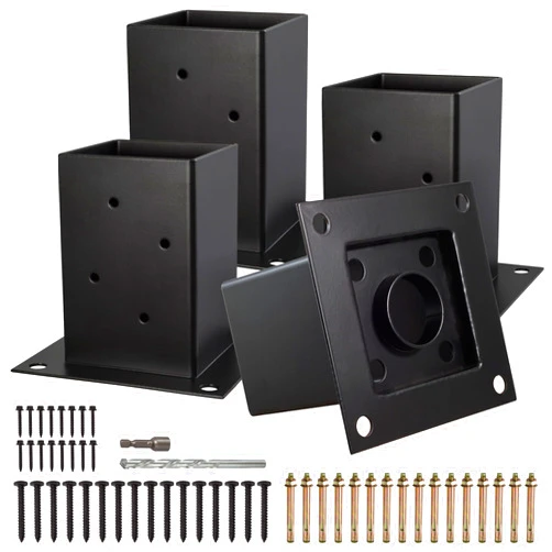 LADECH (4 PCS) LADECH 4x4 Post Anchor Base with Bottom Drainage Hole, Black Powder Coated Brackets for Fence Posts, Pergola, Mailbox Post, Come with Wood Screws and Concrete Anchors (4, 4x4)