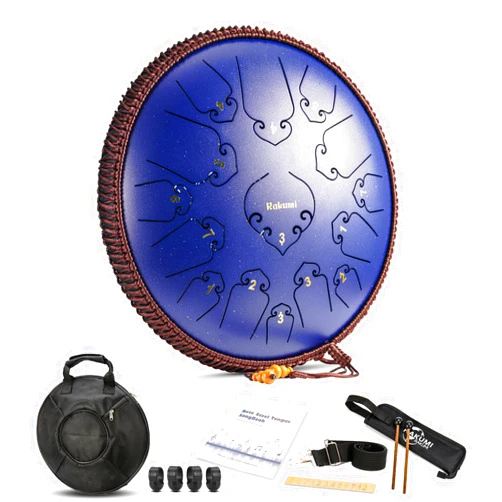 Rakumi 14 Inch 15 Note Steel Tongue Drum Percussion Instrument Lotus Hand Pan Drum with Ultra Wide Range and Drum Mallets Carry Ba