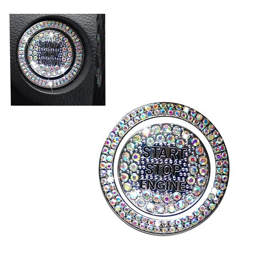Irinidig 2 PCS Bling Car One-button Start Button Outer Ring Sticker, Sparkling Rhinestones Fully Protect Button Anti-scratch Cover, Self-adhesive Decorative Accessories, for Cars (Multicolored)