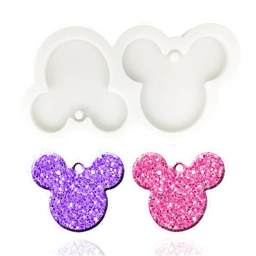 MLOLM Cute Flat Shiny Mouse Head Keychain Silicone Mold with Hole for DIY Fondant Mold Crystal Gum Paste Jelly Shots Cupcake Cake Topper Decoration Pudding Ice Cream Candy Desserts Luggage Tag