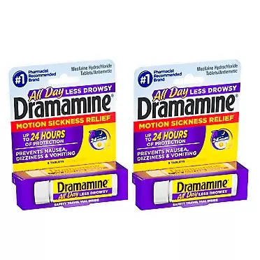 Dramamine All Day Less Drowsy Motion Sickness Relief Tablets | 8 Tables per Vial | 25 MG Each | 2-Pack