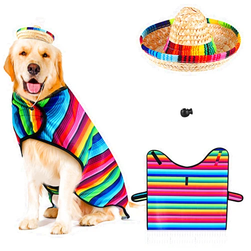 Frienda Dog Large Poncho Straw Hat Costume, Multicolor, Adjustable, for Mexican Party Decorations