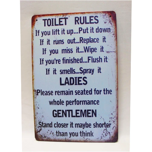 HISIMPLE Warning Metal Sign Plaque ，Toilet Rules Warning Sign ，Pub Tin Sign Metal Plate， Wall Decor for Home Bar Pub Club Man Cave Decorative Plates
