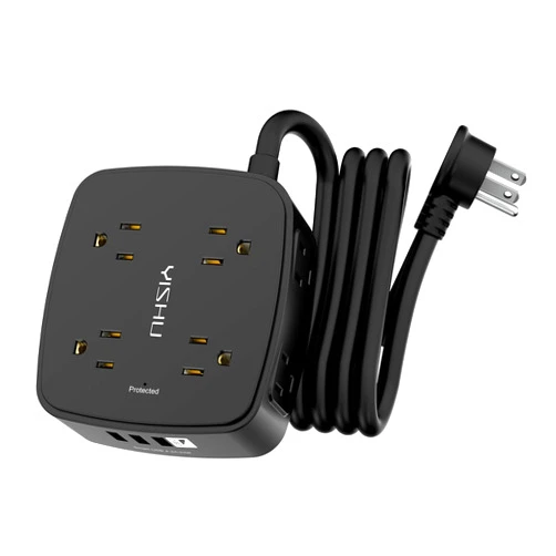 YISHU 6 Ft Surge Protector Power Strip - 8 Widely Outlets with 4 USB Ports, 3 Side Outlet Extender with 6 Feet Extension Cord, Flat Plug, Wall Mount, Desk USB Charging Station, ETL,Black
