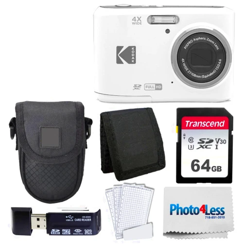 PHOTO4LESS Kodak PIXPRO FZ45 Digital Camera + Black Point & Shoot Camera Case + Transcend 64GB SD Memory Card + Tri-fold Memory Card Wallet + Hi-Speed SD USB Card Reader + More! (White)
