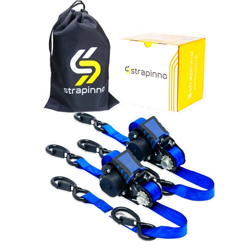 Strapinno Retractable Ratchet Straps - 1 in x 9 ft Heavy Duty Jetski Tie Down Strap, 2 pcs. with 1800lbs Breaking Strength, S Hooks with Safety Clip, for Jetskis, Seadoo, Waverunner, and PWCs