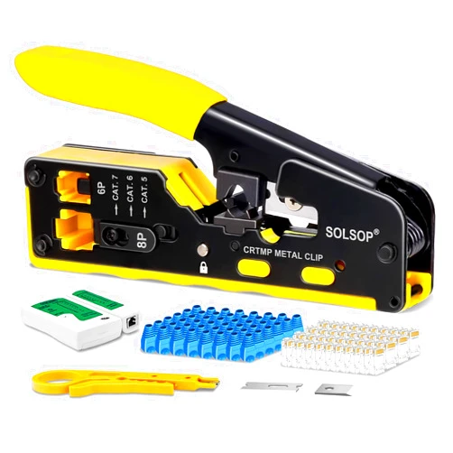 Solsop Pass Through RJ45 Crimp Tool Kit All-in-One Ethernet Crimper Cat7 Cat6 Cat5 Crimping Tool with Network Cable Tester, 50-Pack Cat6 RJ45 Pass Through Connector, 50-Pack Connector Boots