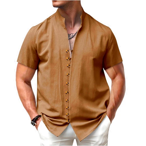 DMOYALA Linen Shirts for Men Solid Color Button Down Short-Sleeved Blouses Summer Retro Stand Collar Beach Top