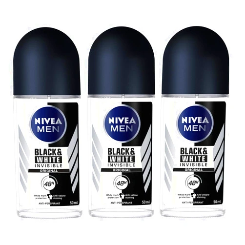 Nivea for Men Invisible for Black & White 48 Hours Deodorant Roll on 50 Ml. 3 Pack l