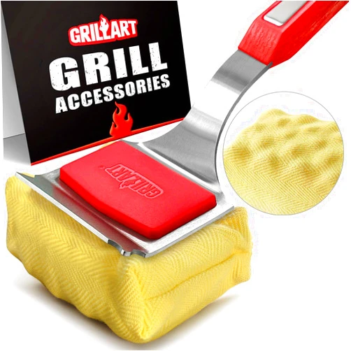 GRILLART Grill Brush Bristle Free. SteamWizards BBQ Replaceable Cleaning Head, Unique Seamless-Fit Scraper Tool for Cast Iron/Stainless-Steel Grates, Safe Barbecue Grill Cleaner-Red