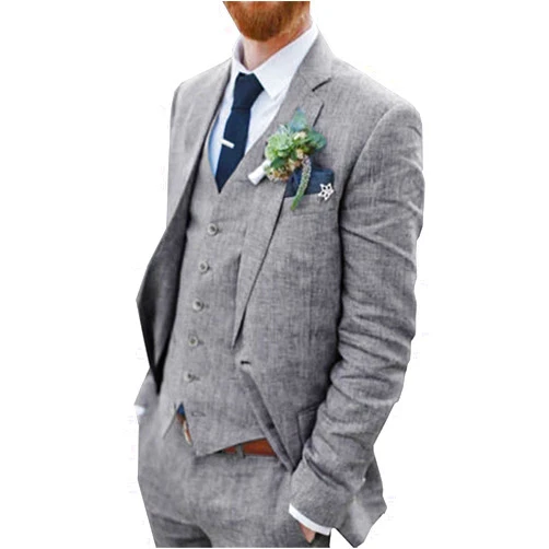 Wehilion Retro Linen Men Suit Beach Wedding Suit Summer Slim Fit 3 Pieces Light Weight Linen Suit Jacket Vest Pant Tuxedo