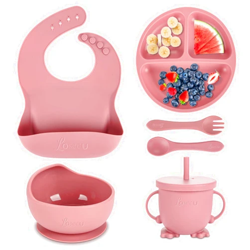 Losecu Silicone Baby Feeding Set|Baby Led Weaning Supplies Set|Suction Baby Plate Bowl Set with Bib Spoon Fork Sippy Cup|Baby Feeding Eating Supplies Set BPA Free
