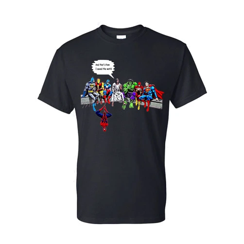 SinMan Jesus Superheros Christian Tshirt and Thats How I Saved The World Funny Spiderman Below