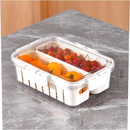 NEEMAY Refrigerator Organizer Box, Food Storage Container Fruit Storage Container for Fridge with 2 Drain Basket in One Container, Stackable Vegetable Strainers Box with Lid 1 Box/Set of White