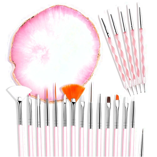 AUOCATTAIL 21 Pcs Nail Art Brushes Nail Art Tool Set Resin Palette Nail Art Painting Mixed Color 2 Way Acrylic Silicone Carving Pen Dotting Pen Tool Manicure Kit DIY Makeup Display Board for Home Salon, Pink