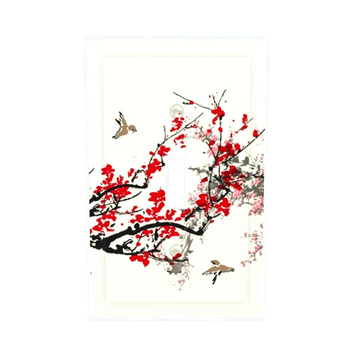 JIEXUTE Japanese Chinese Style Bird Red Plum Cherry Flower Floral Bloom Blossom Art 1 Gang Single Toggle Decorator Outlet Light Switch Cover Decorative Wall Plate Cover Electrical Switchplate Faceplate