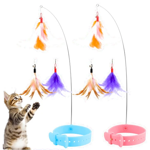 KALAMANDA Cat Collar Toy with Long Metal Rod, Upgraded Cat Feather Neck Collar Toy with 6 Replacement Refills, Interactive Self Playing Toys with Bell for Indoor Kittens Small Animals