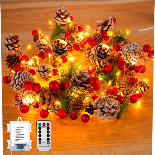Minetom Christmas Pine Lighted Garland Decor, 9.8 Ft 60 LEDs Red Berry Pine Cone Battery Operated Christmas Garland Lights with 8 Modes, Remote Control for Mantle Fireplace Stairs Xmas Tree Indoor Decor
