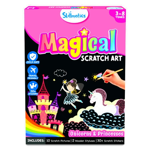 Skillmatics Scratch Art Book for Kids - Unicorns & Princesses, Craft Kits & Supplies, 30+ Scratch Stickers, Travel Toys, DIY Kit, Gifts for Girls & Boys Ages 3, 4, 5, 6, 7, 8