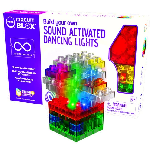 E-BLOX Build Your Own Sound Activated Dancing Lights STEM Kit, Reacts to Voice & Dances to Music, Building Blocks Circuit Toy Set for Kids, Birthday Gift, Boys, Girls, 5+