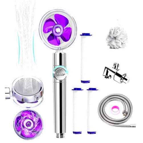 Besititli Handheld Turbocharged Pressure Propeller Showerhead Set, Besititli Hydro Jet Shower Head, 360° Rotating Vortex Shower Head Set with Replacement Hose/Bracket/Cotton Filters and Bath Loofah