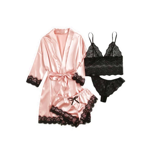 WDIRARA Women' Silk Satin Pajamas Set 4pcs Lingerie Floral Lace Cami Sleepwear with Robe